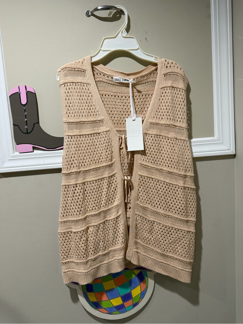 Open-Knit Tie-Front Vest in Light Beige
